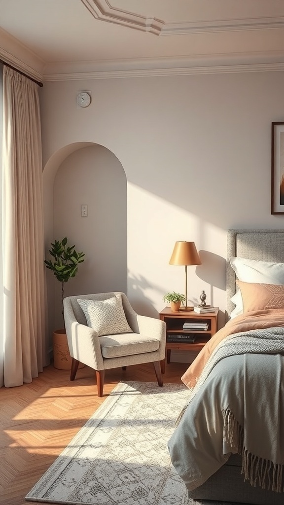Cozy reading nook in a king bedroom with a comfortable chair, side table, and warm lighting.