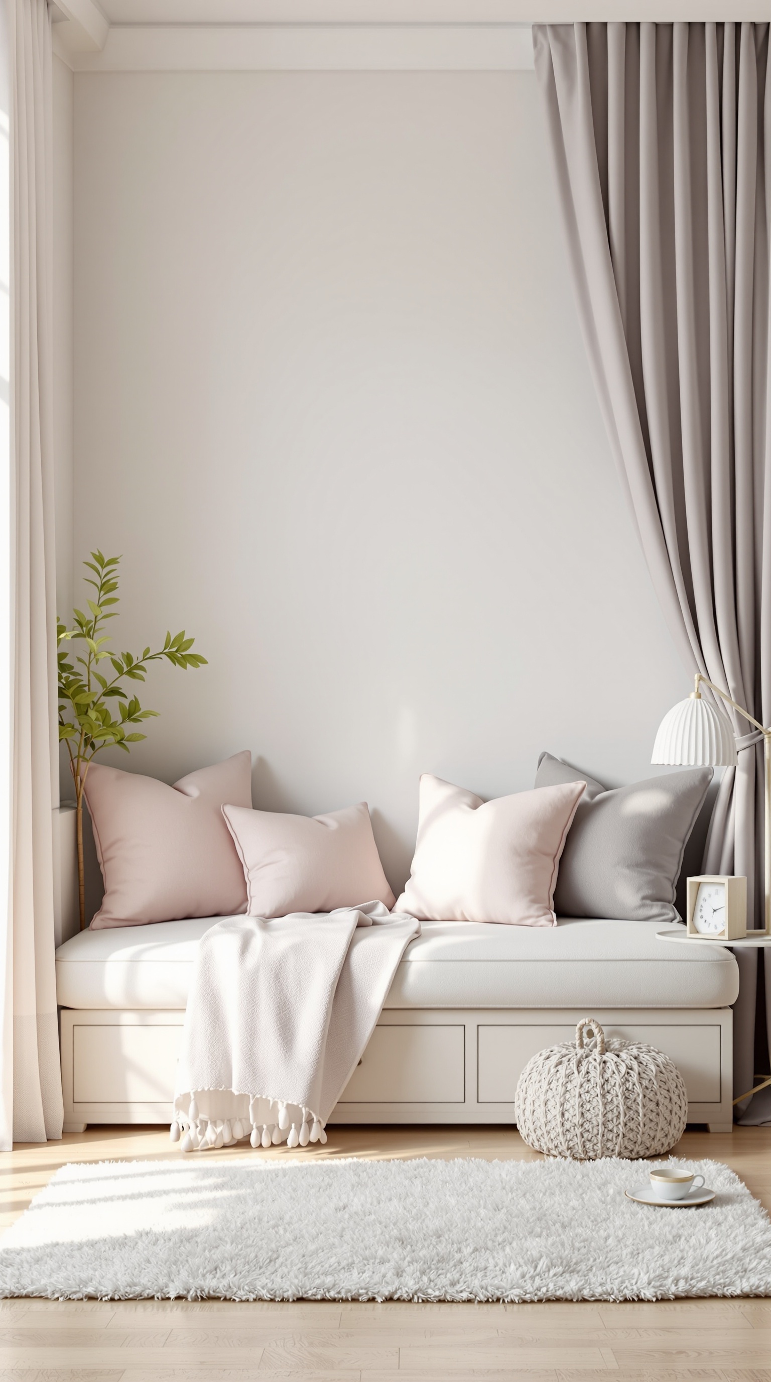 Cozy reading nook with a daybed, pillows, built-in shelves, and a small lamp