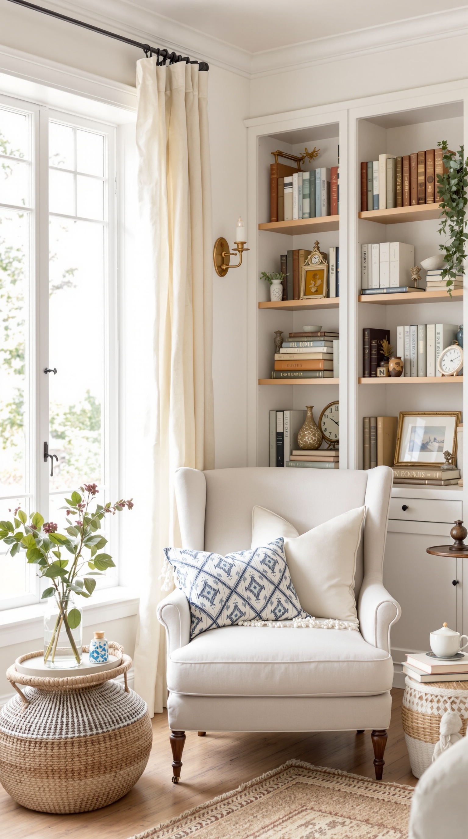 Cozy reading nook with a vintage armchair, bookshelf filled with books, and a small side table with a cup of tea.