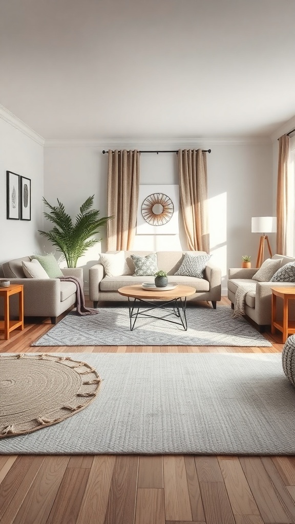 Cozy living room with layered rugs, soft sofas, and natural decor elements.