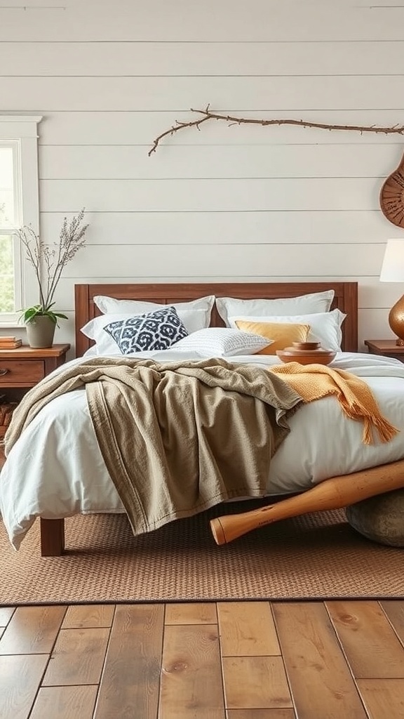 A cozy rustic farmhouse bedroom featuring a wooden bed with layered bedding, decorative pillows, and natural decor.