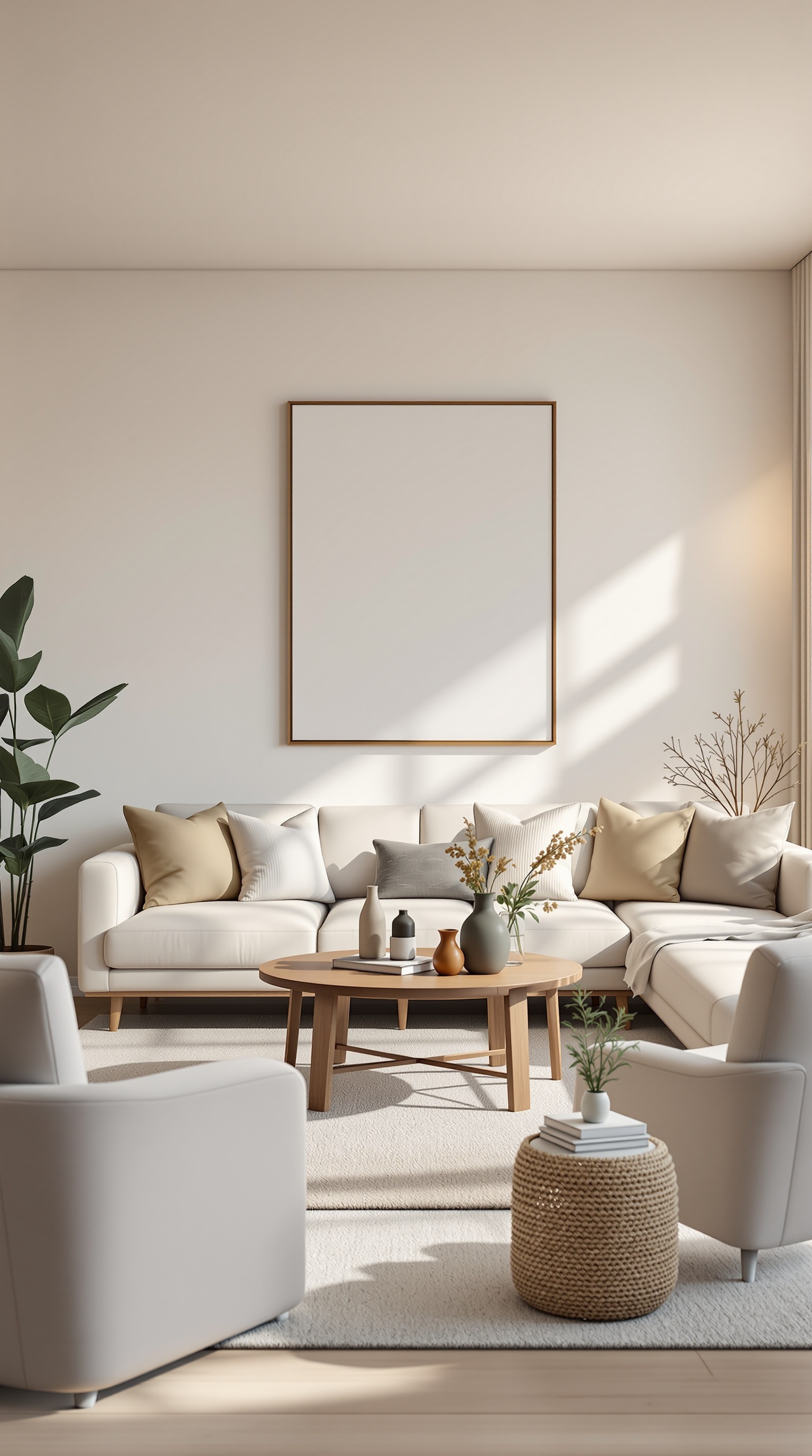 Cozy seating area in a kitchen diner family room with a sectional sofa, coffee table, and plants.