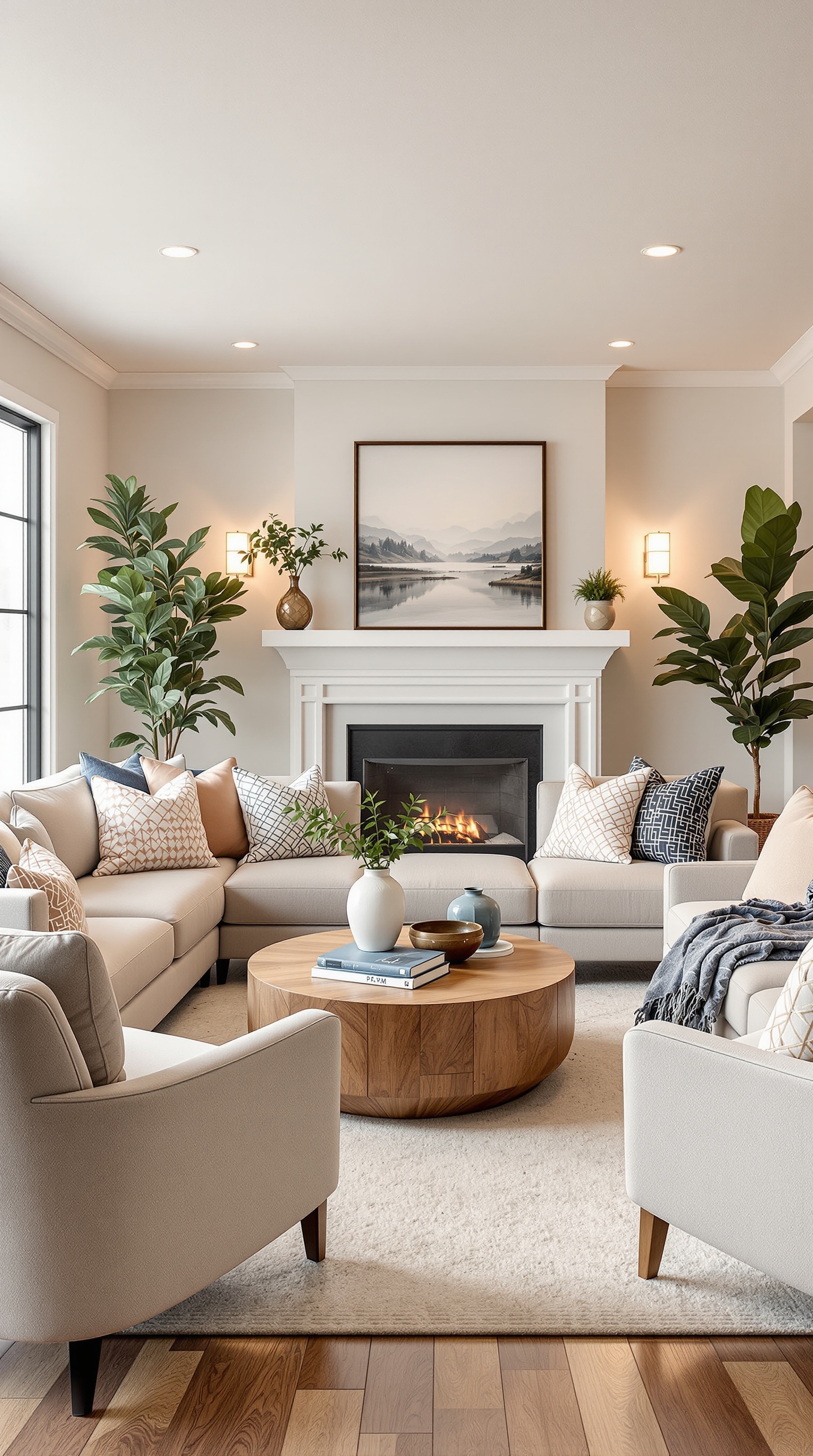 Cozy basement family room with a sectional sofa, coffee table, and plants.