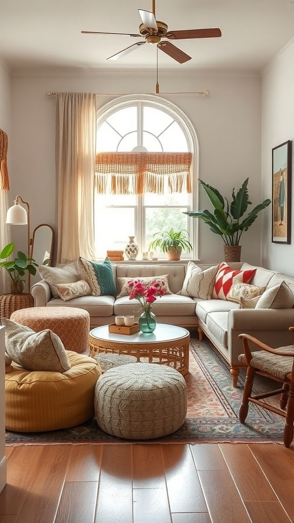 A cozy boho living room with a sectional sofa, poufs, and a coffee table with flowers.