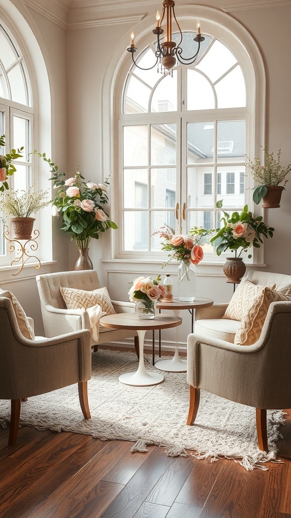 Cozy seating area with plush chairs and flower arrangements, perfect for a bridal shower.