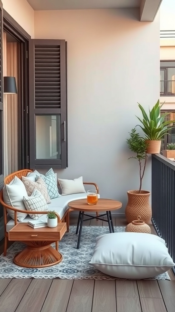 A cozy balcony with rattan seating, cushions, a small table, and plants.