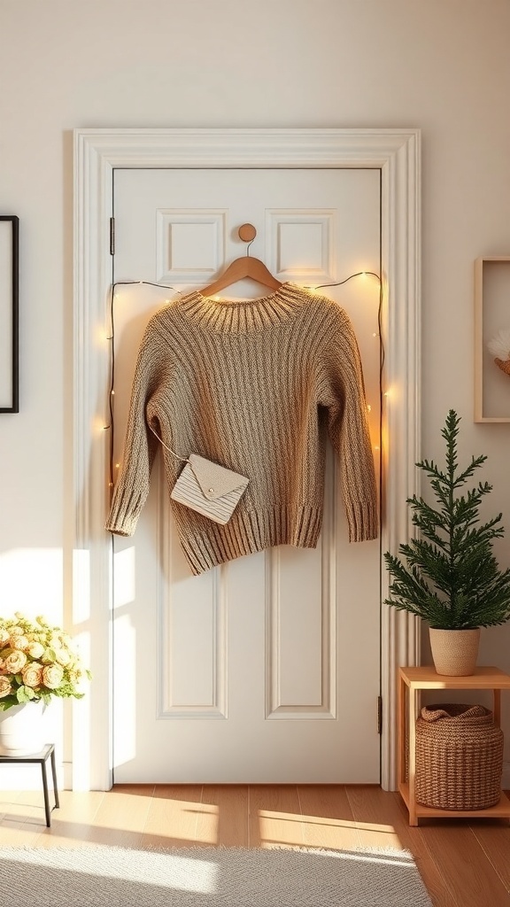A cozy beige sweater hanging on a door with fairy lights, surrounded by a small potted tree and flowers.