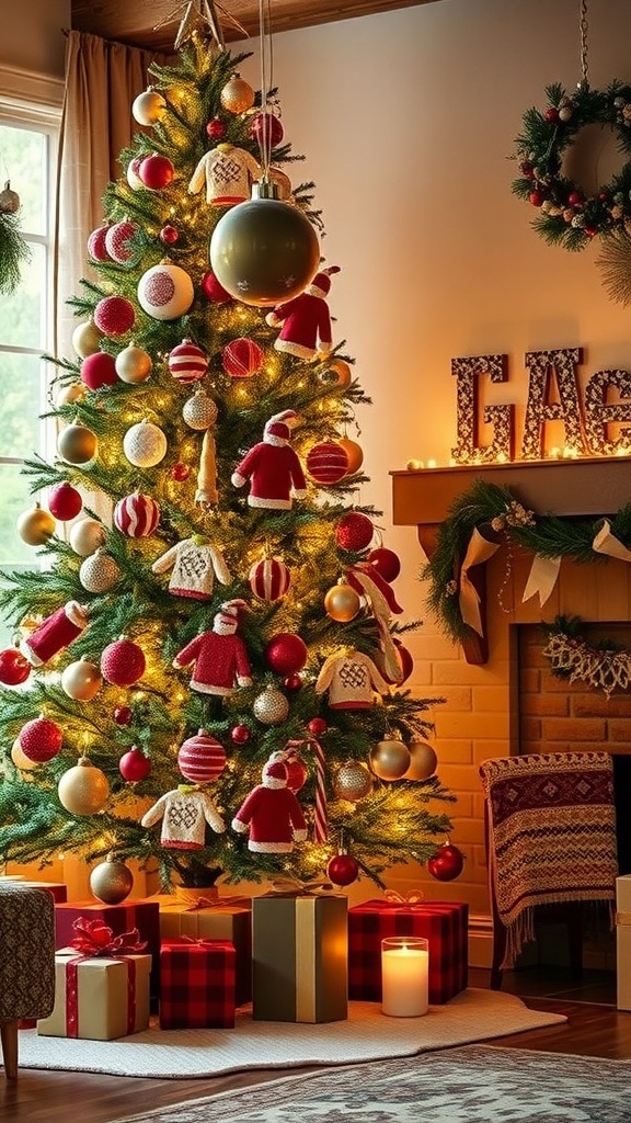 A beautifully decorated Christmas tree with cozy sweater ornaments, red and white baubles, and warm lights.