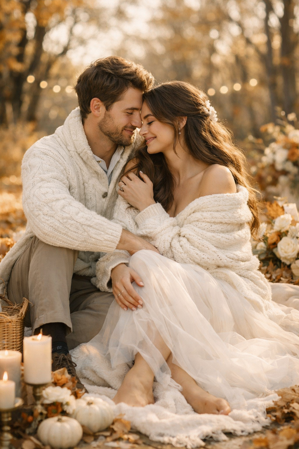 A couple snuggling in cozy sweaters surrounded by fall leaves and candles.