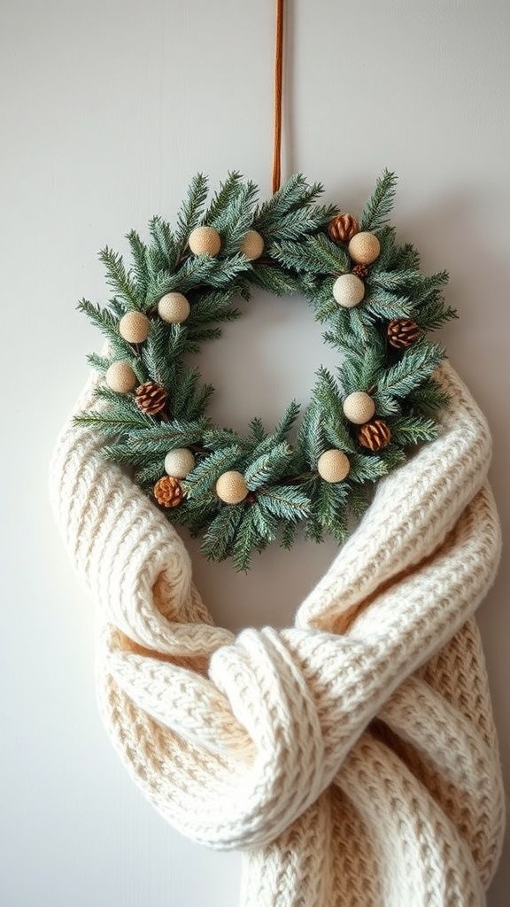 A winter wreath made of evergreen branches, decorated with wooden beads and pine cones, draped with a chunky cream-colored knitted scarf.