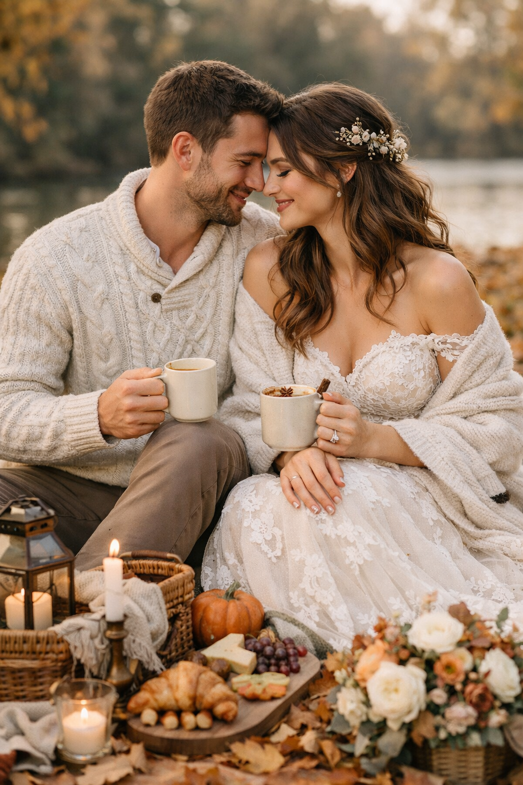 Couple enjoying cozy sweater weather during a picnic engagement photoshoot.