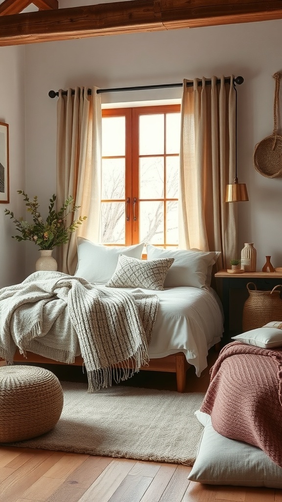 A cozy rustic bedroom featuring a bed with layered textiles, soft pillows, and natural light coming through the window.