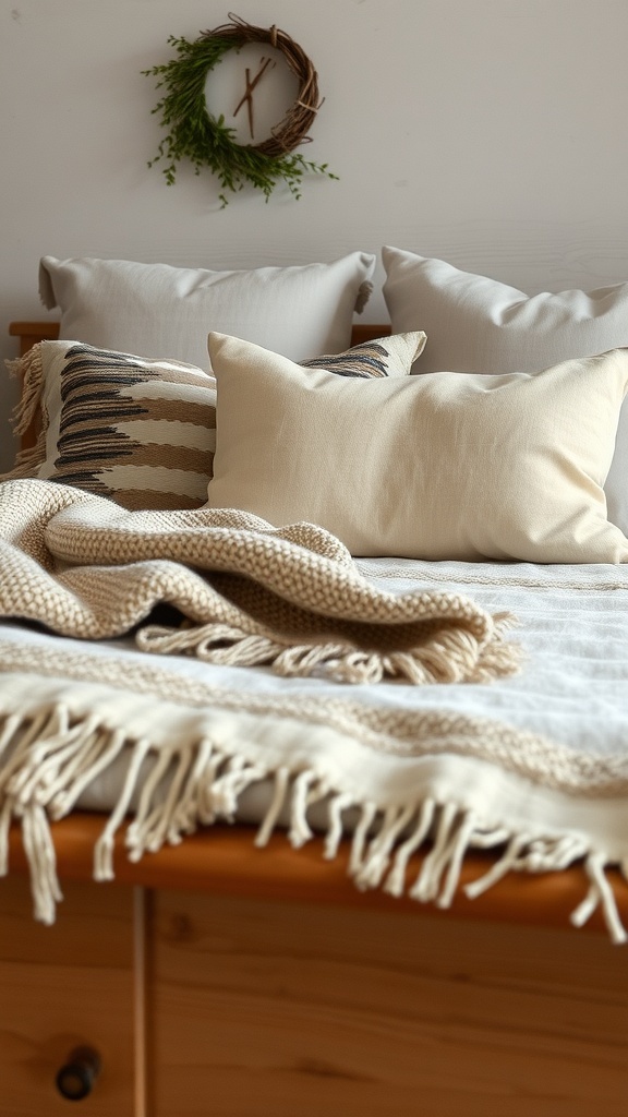A cozy rustic bedroom featuring layered pillows and a textured throw blanket on a bed.