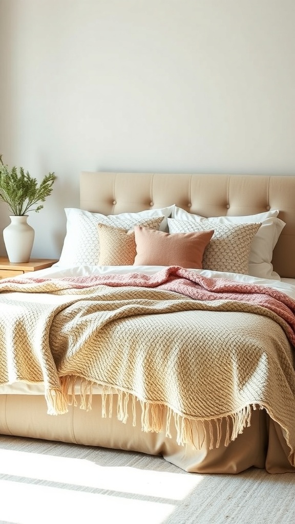 A cozy bedroom featuring a neatly made bed with textured blankets and decorative pillows.
