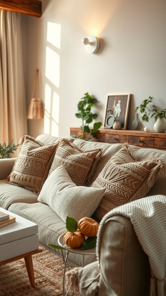 A cozy rustic farmhouse living room featuring a soft sofa with patterned cushions, a knit throw, and a coffee table with decorative pumpkins.