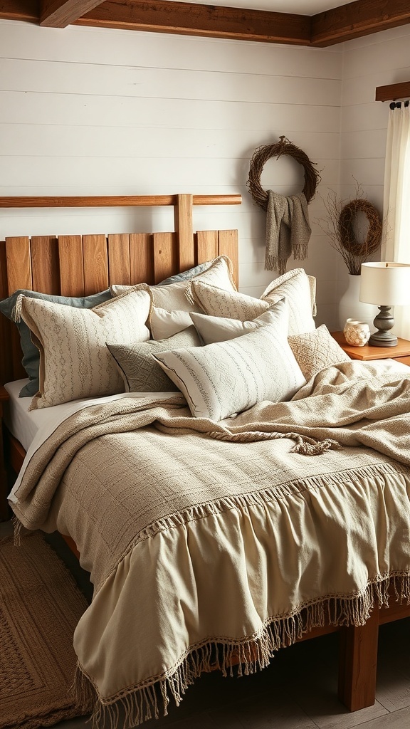 A rustic farmhouse bedroom featuring a wooden bed with layered textiles, including pillows and a ruffled blanket.