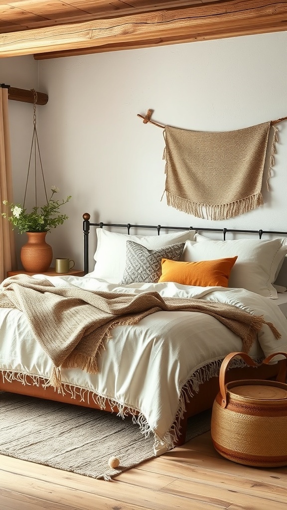 A cozy rustic farmhouse bedroom featuring layered textiles, a warm color palette, and natural materials.