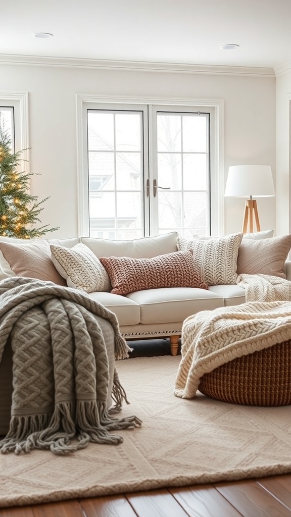 A cozy living room with a white couch, warm blankets, and pillows, creating a comfortable atmosphere.