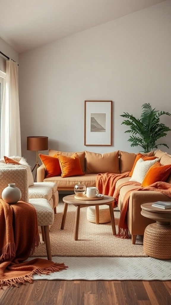 A cozy winter living room with warm textiles, including orange and cream throw blankets and cushions, a plush rug, and soft curtains.