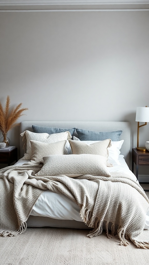 Cozy grey and white bedroom with textured pillows and a warm throw blanket