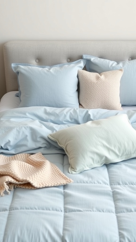 Cozy light blue bedding with various textures and pillows