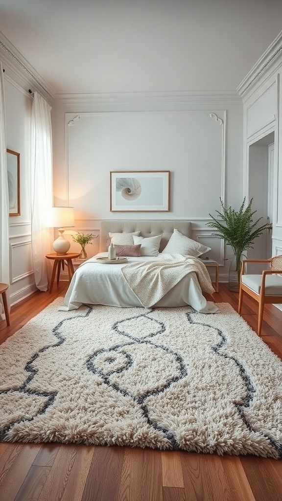 A cozy bedroom featuring a plush textured rug, soft bedding, and warm lighting.