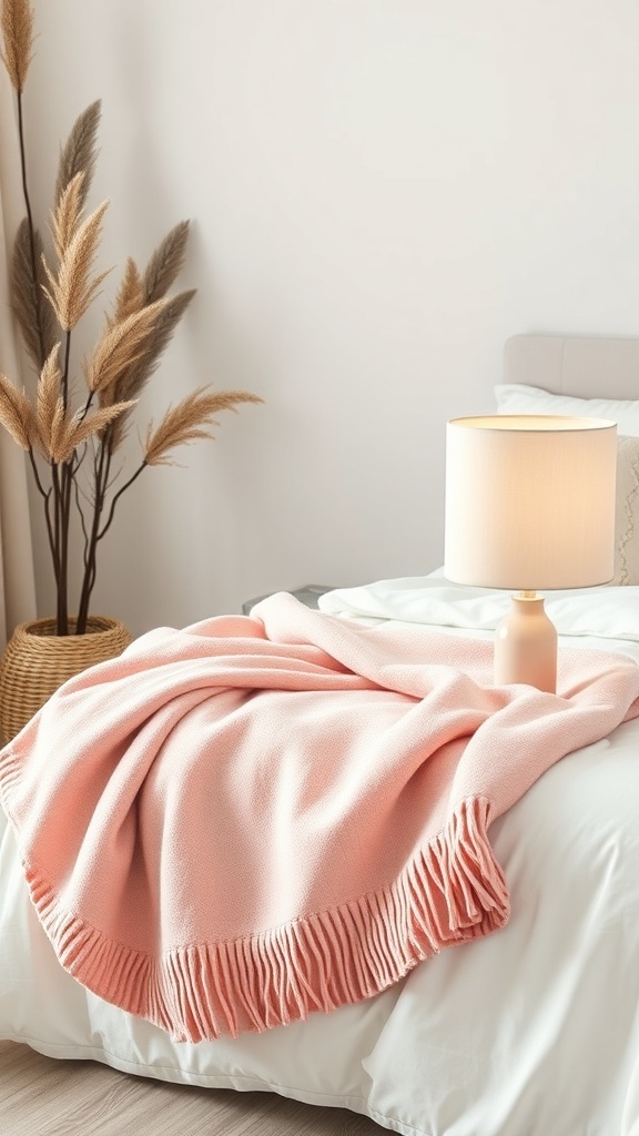 A soft pink throw blanket draped over a bed with a lamp and decorative plants in a cozy bedroom setting.