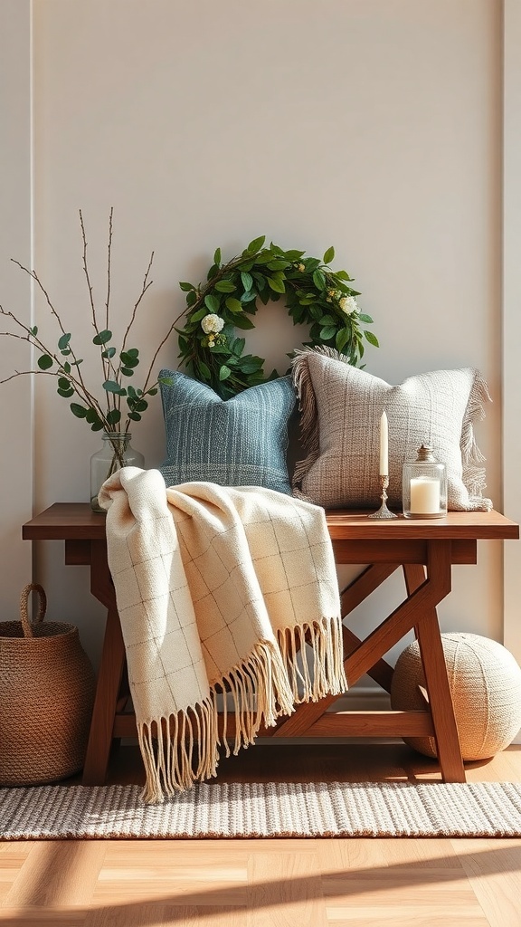 Cozy entryway table with throw blankets and pillows, featuring a wreath and natural decor.