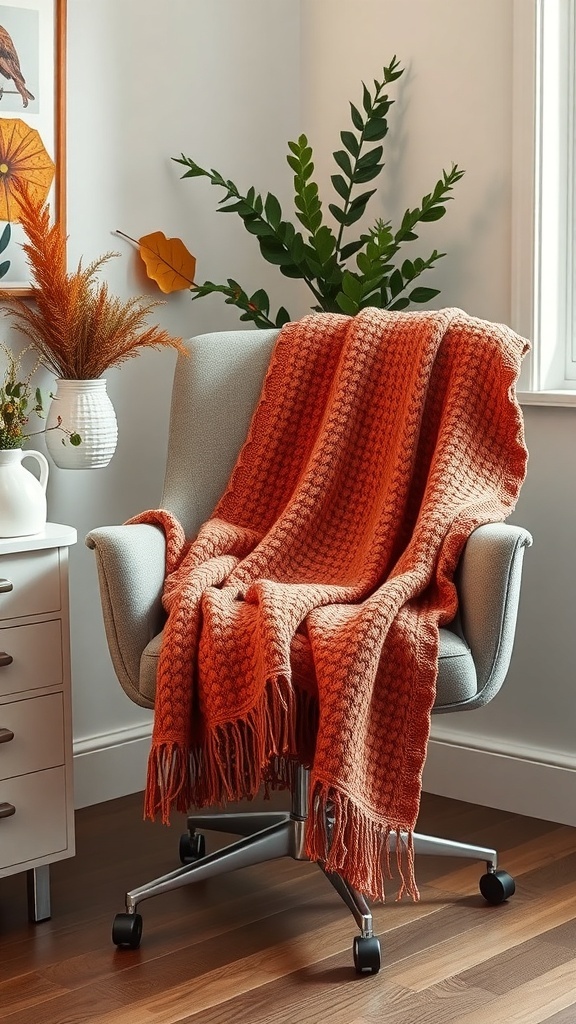 A cozy orange throw blanket draped over a chair in a stylish office setting.