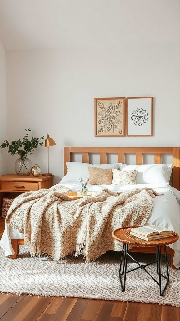 A cozy bedroom featuring a wooden bed with a textured throw blanket, a nightstand, and framed art on the wall.