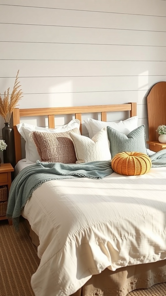 A cozy farmhouse bedroom with a bed featuring various pillows and a soft throw, creating a warm and inviting atmosphere.