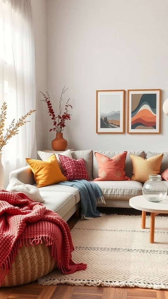 A cozy Scandinavian living room with colorful throws and pillows on a stylish sofa.