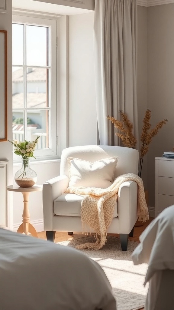 A cozy white accent chair with a throw blanket beside a window in a bright bedroom