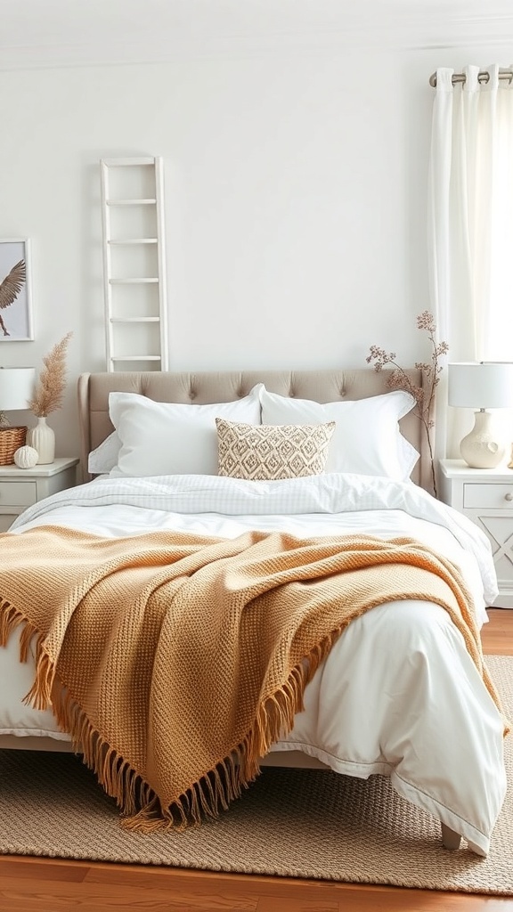 A cozy white bedroom featuring a neatly made bed with white bedding and a warm golden throw blanket.