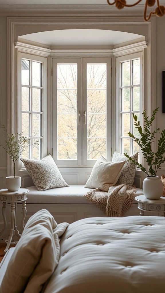 Cozy window seat with cushions and plants in a romantic French bedroom