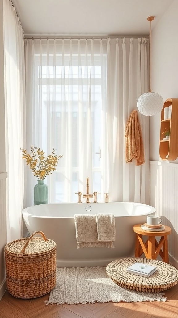 A cozy bathroom with sheer curtains, a bathtub, and natural decor.