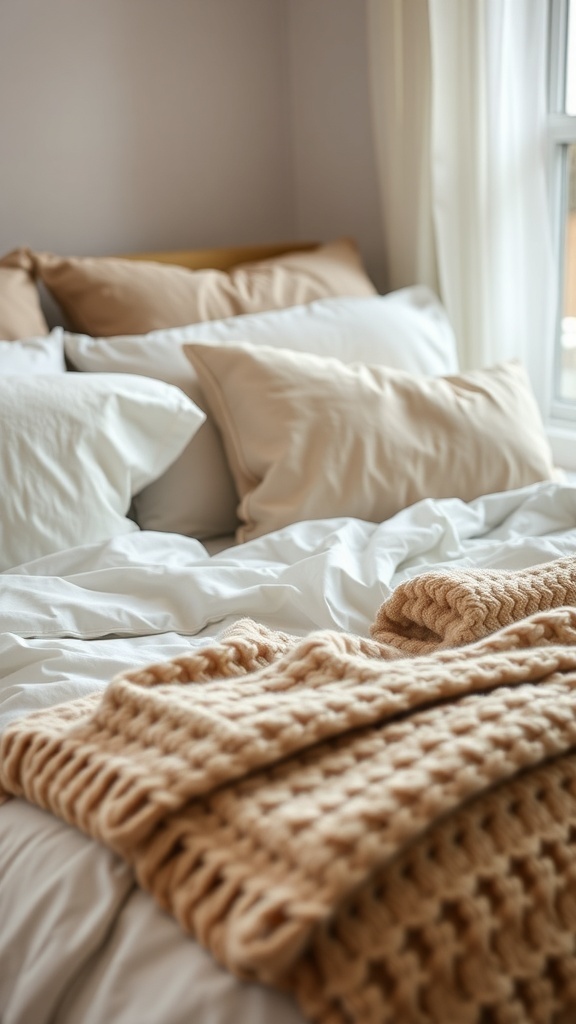 A cozy winter bedroom featuring soft neutral bedding and a chunky knitted blanket.