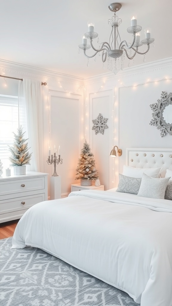 A cozy winter-themed bedroom with white bedding, decorative pillows, small Christmas trees, and fairy lights.