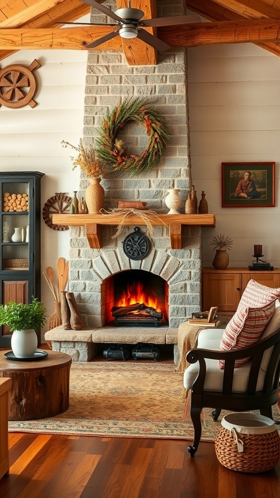 A cozy rustic cottage interior featuring a stone wood-burning fireplace, wooden beams, and inviting decor.