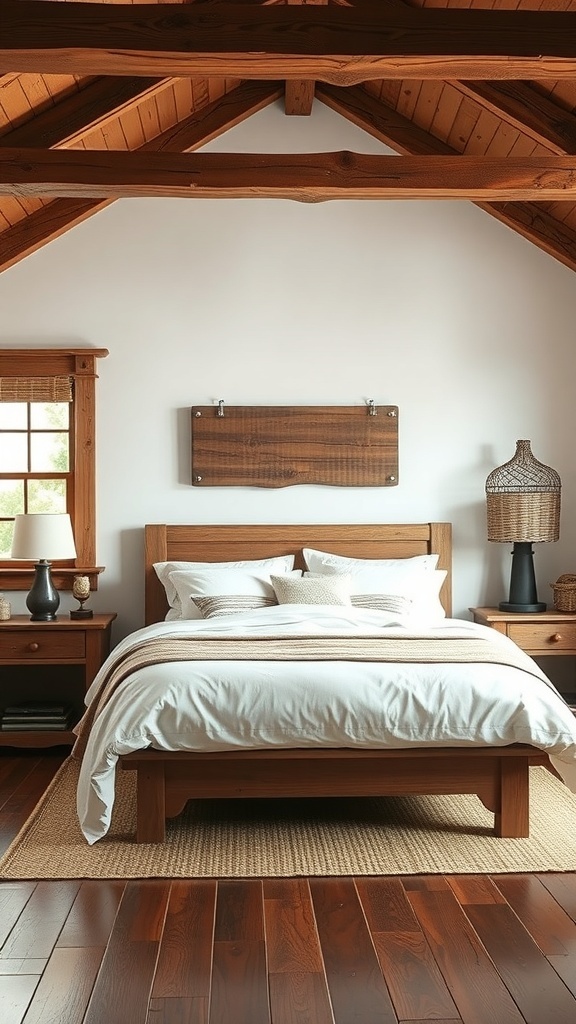 A rustic farmhouse bedroom featuring cozy wood beams, neutral tones, and a warm atmosphere.