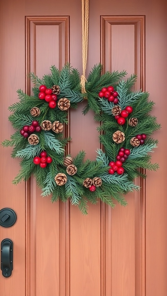 A cozy winter wreath with pinecones and red berries hanging on a wooden door.