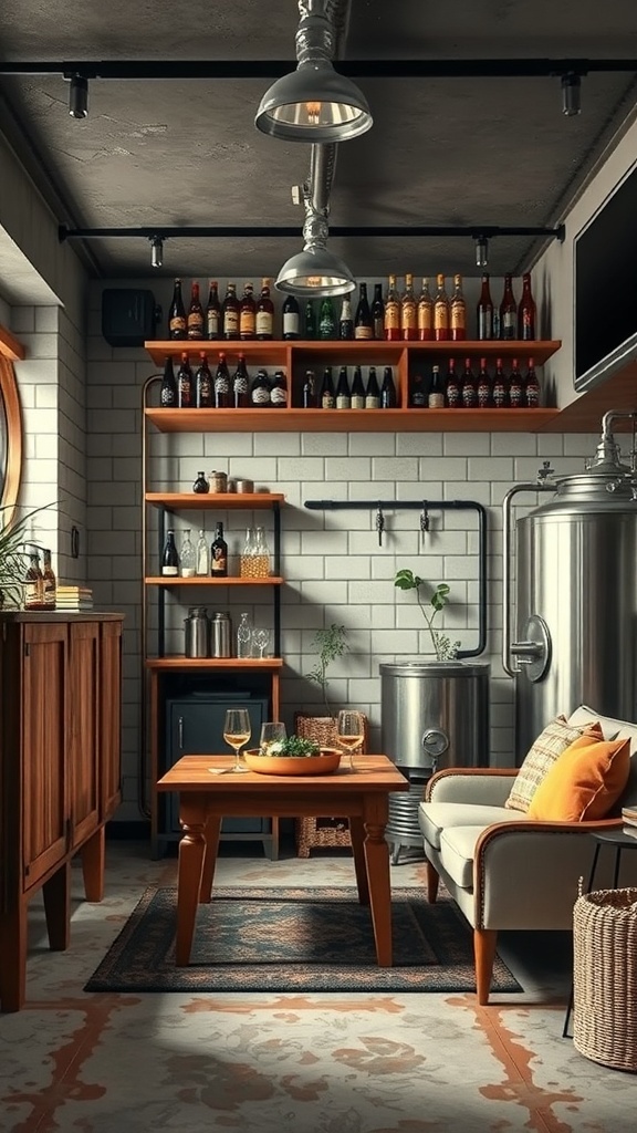 Cozy craft beer brewing station with shelves of beer bottles, brewing equipment, and a comfortable seating area.