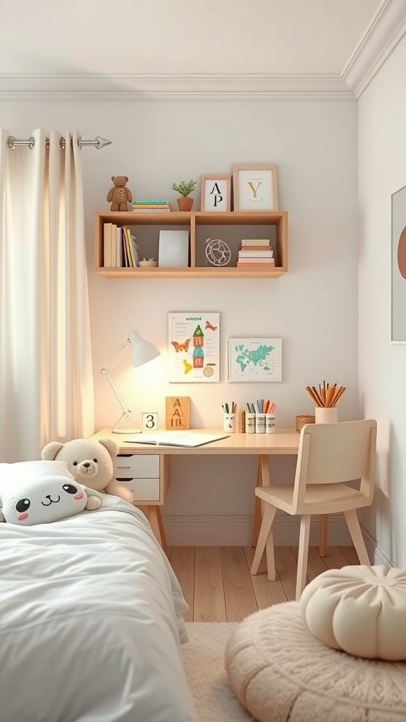 A cozy kids bedroom with a craft corner featuring a desk, colorful supplies, and plush toys.