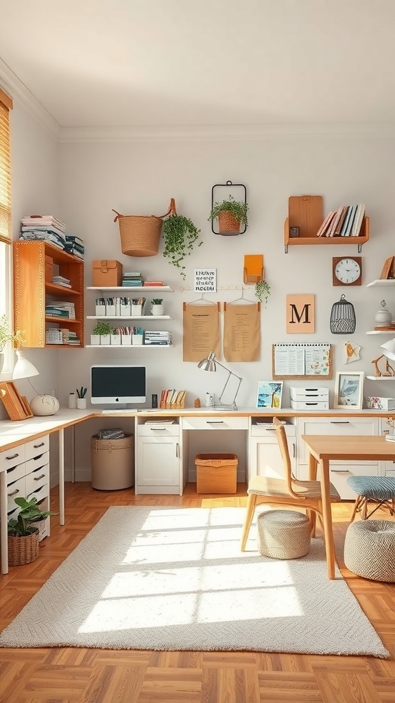 A bright and organized craft room with shelves of supplies, a desk, and decorative elements.