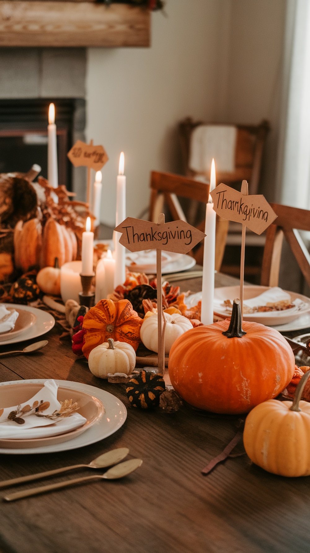 Thanksgiving table with craft stick signs, pumpkins, and candles