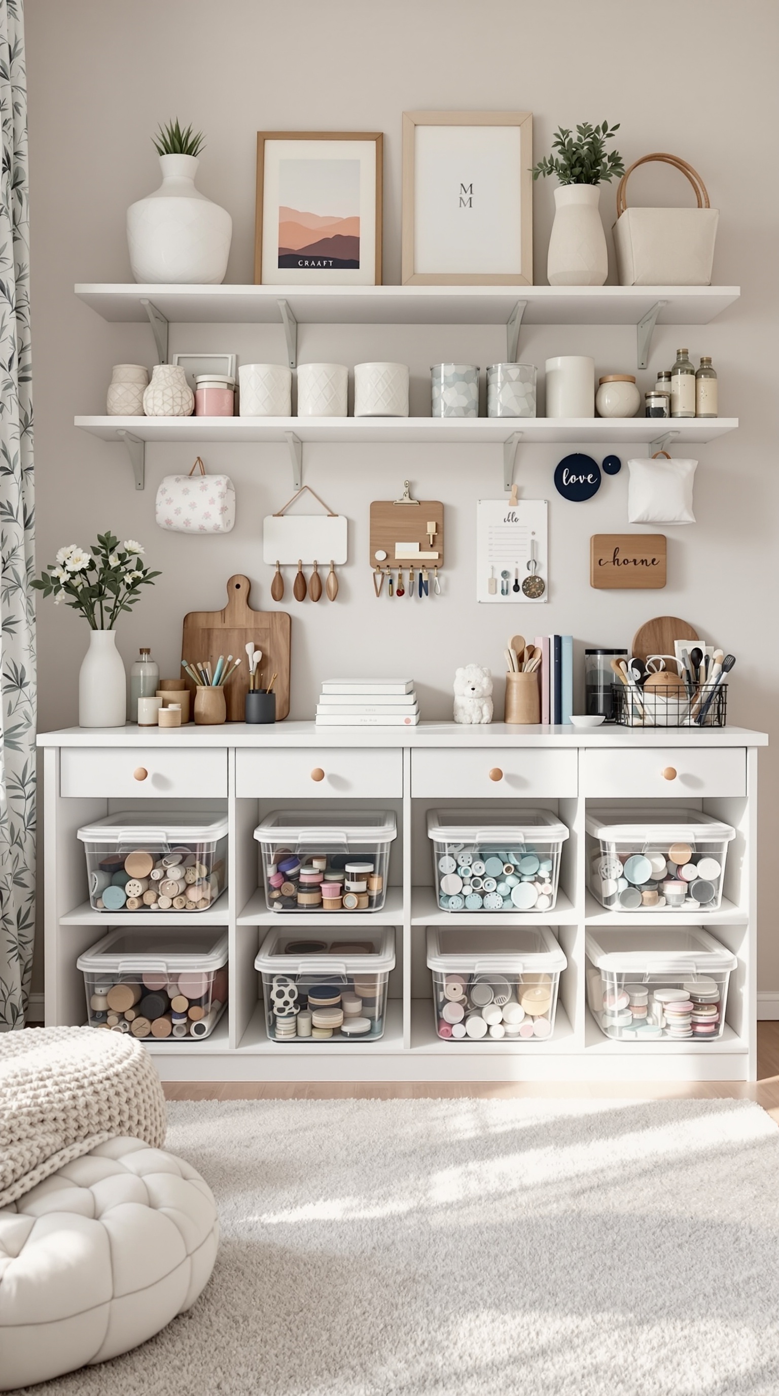 A well-organized craft supply area in a toddler's room with clear bins and decorative shelves.