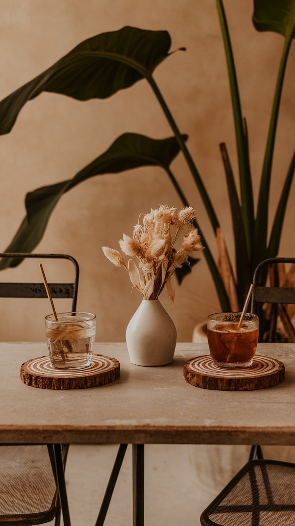 Rustic wooden coasters on a table with drinks and a vase of dried flowers.