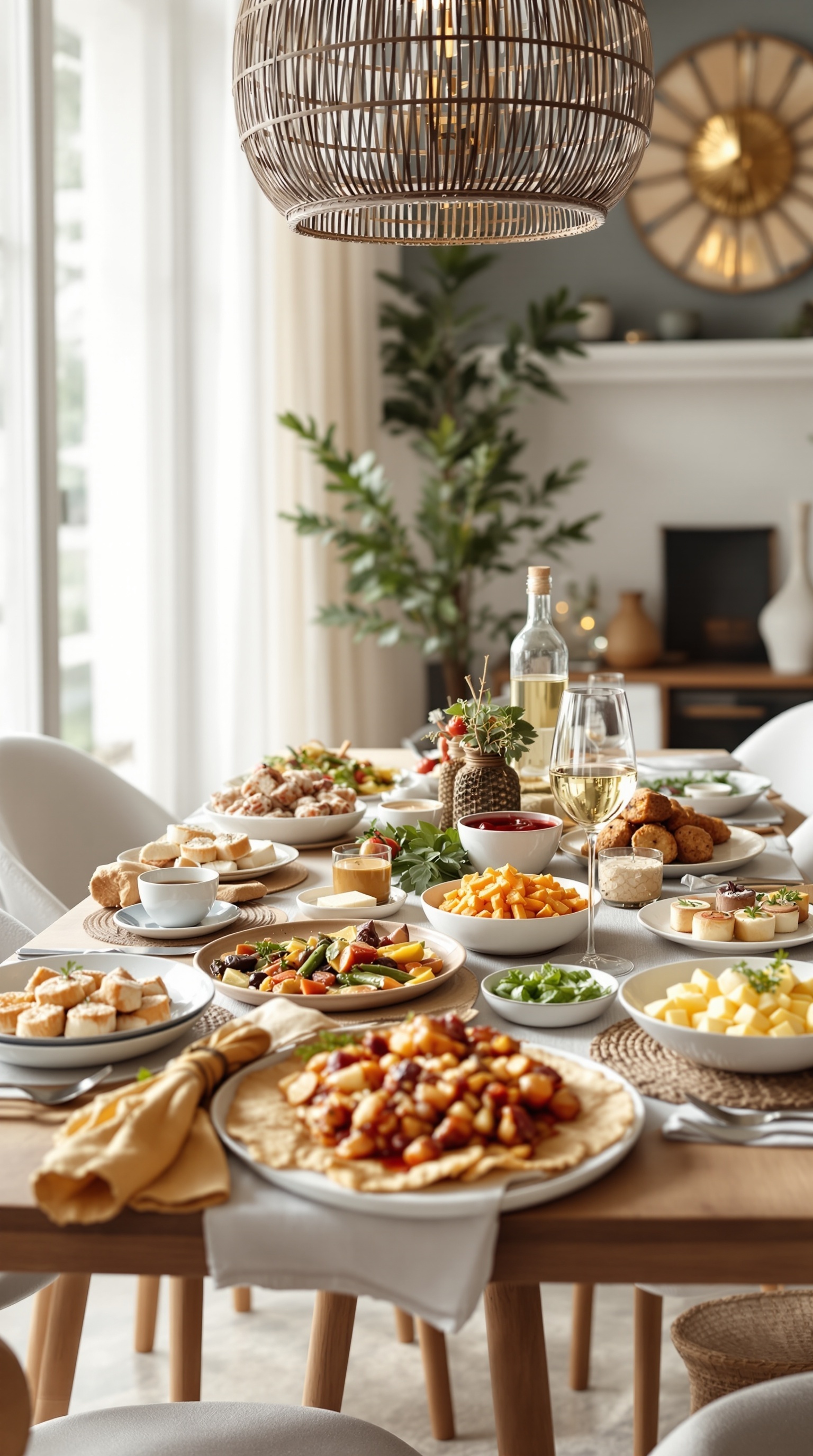 A beautifully set family dinner table with a variety of dishes including salads, meats, and sides.