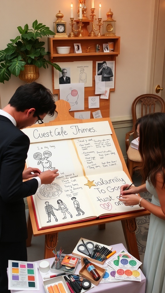 A couple creating a collaborative guest book at their wedding reception, with colorful pens and art supplies on a table.