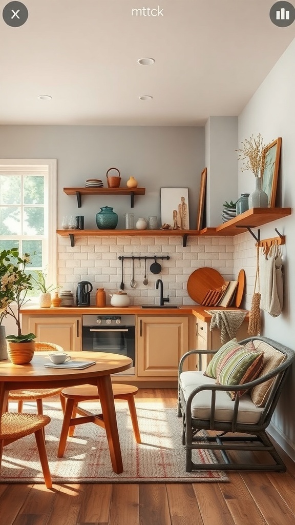 A cozy kitchen featuring wooden shelves, a round dining table, and plants, creating a warm atmosphere.